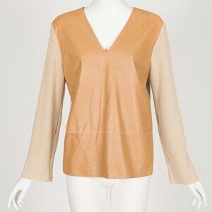 Gianfranco Ferré 1990s Vintage Beige Leather & Knit V-Neck Sweater Top